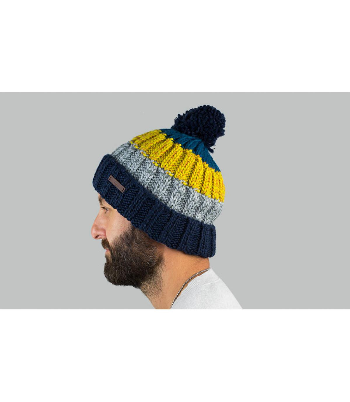 bonnet bleu jaune pompon Wilhelm Beanie denim